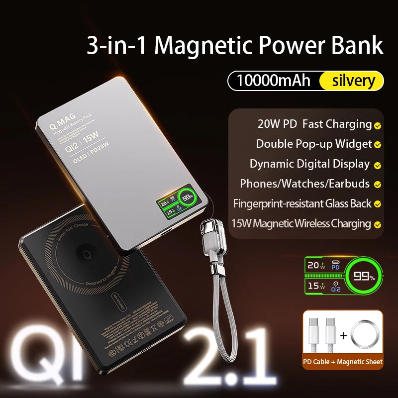 Powerbank Magnético QI 2.1 com Carregamento Rápido Sem Fio, Bateria Externa Portátil para iPhone 12-17 Pro, Watch e Airpods 5000/10000mAh