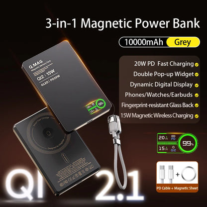 Powerbank Magnético QI 2.1 com Carregamento Rápido Sem Fio, Bateria Externa Portátil para iPhone 12-17 Pro, Watch e Airpods 5000/10000mAh
