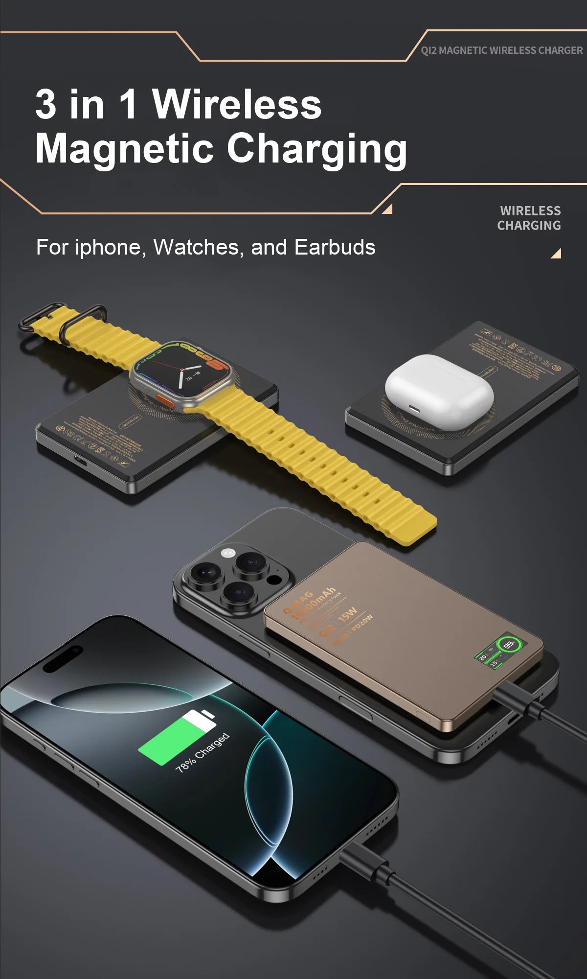 Powerbank Magnético QI 2.1 com Carregamento Rápido Sem Fio, Bateria Externa Portátil para iPhone 12-17 Pro, Watch e Airpods 5000/10000mAh