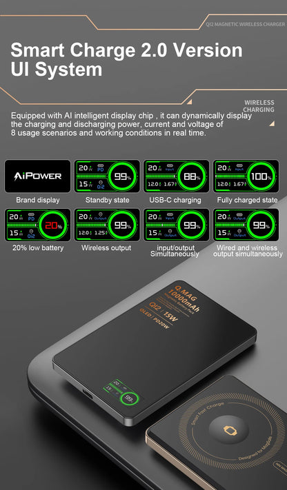 Powerbank Magnético QI 2.1 com Carregamento Rápido Sem Fio, Bateria Externa Portátil para iPhone 12-17 Pro, Watch e Airpods 5000/10000mAh