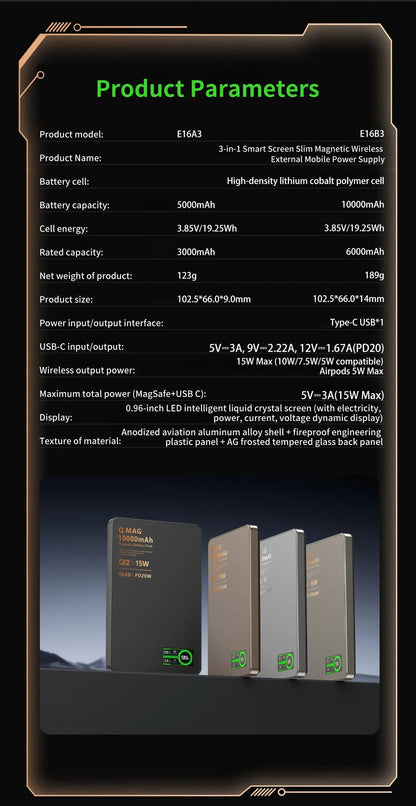 Powerbank Magnético QI 2.1 com Carregamento Rápido Sem Fio, Bateria Externa Portátil para iPhone 12-17 Pro, Watch e Airpods 5000/10000mAh
