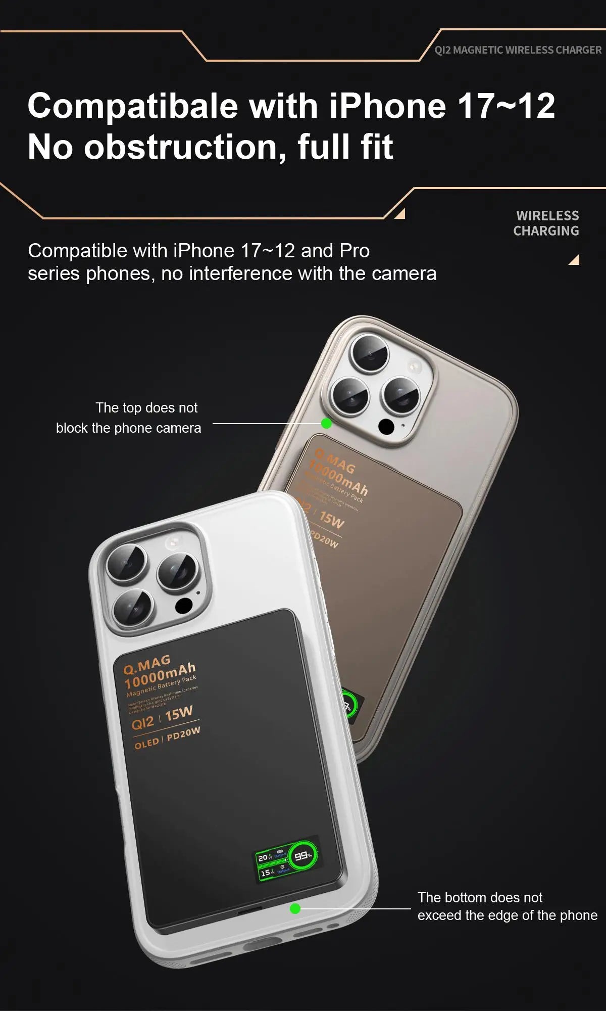 Powerbank Magnético QI 2.1 com Carregamento Rápido Sem Fio, Bateria Externa Portátil para iPhone 12-17 Pro, Watch e Airpods 5000/10000mAh