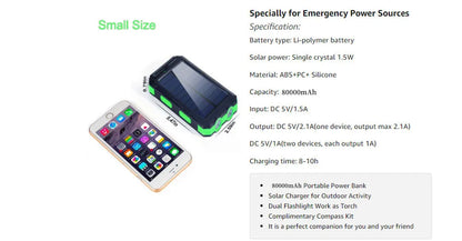 Banco de energia solar 80000mAh Carregamento portátil Poverbank Carregador de bateria externa Luz forte LDE para todos os smartphones