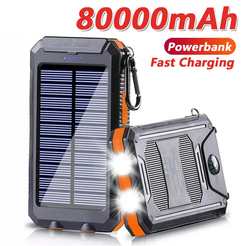 Banco de energia solar 80000mAh Carregamento portátil Poverbank Carregador de bateria externa Luz forte LDE para todos os smartphones