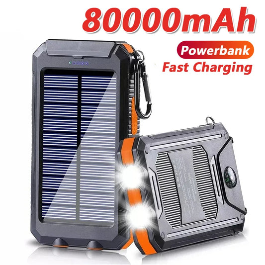 Banco de energia solar 80000mAh Carregamento portátil Poverbank Carregador de bateria externa Luz forte LDE para todos os smartphones