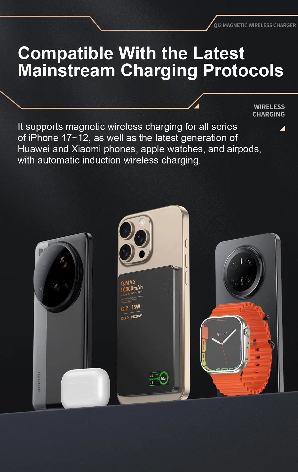 Powerbank Magnético QI 2.1 com Carregamento Rápido Sem Fio, Bateria Externa Portátil para iPhone 12-17 Pro, Watch e Airpods 5000/10000mAh