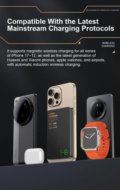 Powerbank Magnético QI 2.1 com Carregamento Rápido Sem Fio, Bateria Externa Portátil para iPhone 12-17 Pro, Watch e Airpods 5000/10000mAh