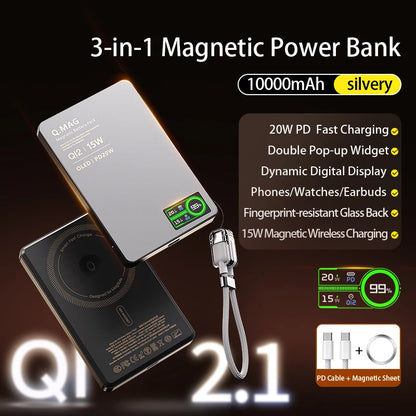Powerbank Magnético QI 2.1 com Carregamento Rápido Sem Fio, Bateria Externa Portátil para iPhone 12-17 Pro, Watch e Airpods 5000/10000mAh