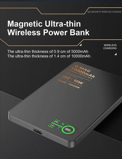 Powerbank Magnético QI 2.1 com Carregamento Rápido Sem Fio, Bateria Externa Portátil para iPhone 12-17 Pro, Watch e Airpods 5000/10000mAh